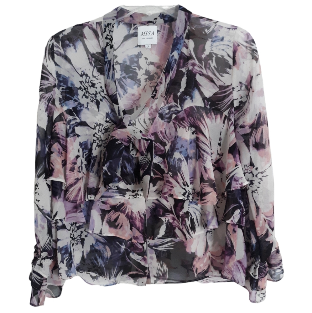 Misa Los Angeles Small Semi Sheer Purple Floral Tiered Long Sleeve Neck Tie Top